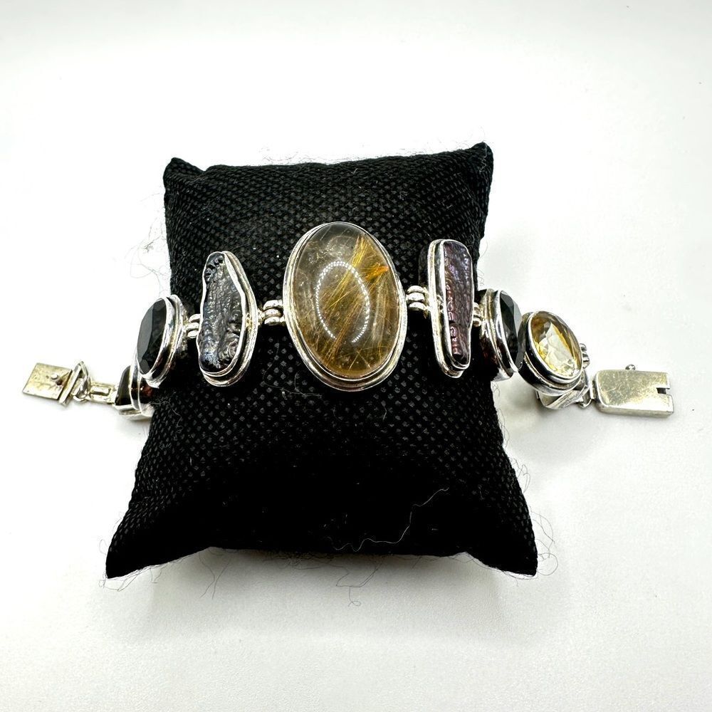 Rutilated Quartz, sm. quartz, biwa pearls set in solid Sterling silver bracelet!